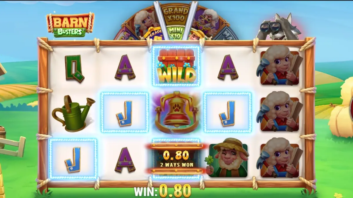 Tampilan visual slot Barn Busters dengan tema peternakan yang ceria