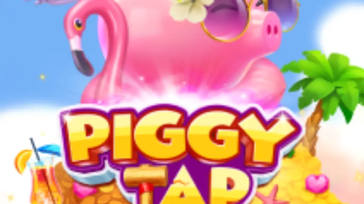 Karakter babi lucu di Piggy Tap dengan latar belakang tropis